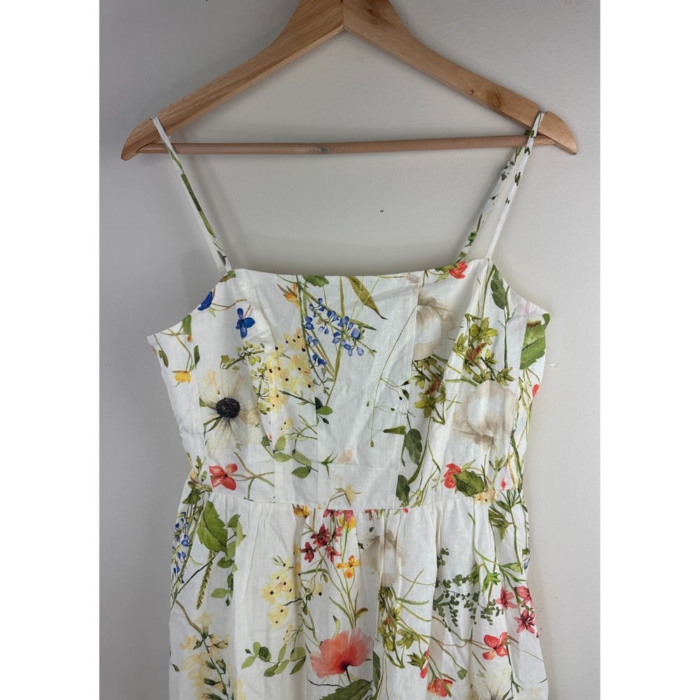 H&M LinenBlend Floral Midi Dress Medium White Wildflower Smocked Dainty Romantic - Picture 3 of 13